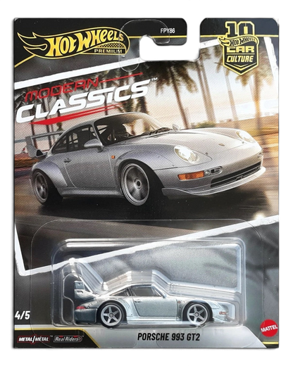 VaultifyUK Hot Wheels Premium Porsche 993 GT2 in silver with flared arches and rear wing on Modern Classics card