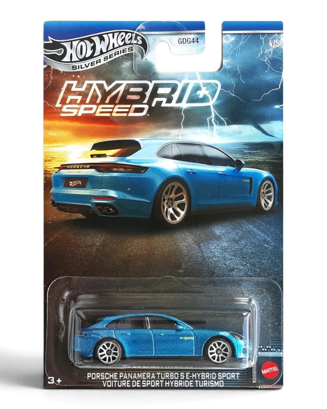 VaultifyUK Hot Wheels metallic blue Porsche Panamera Turbo S E-Hybrid Sport Turismo die-cast car in blister packaging.