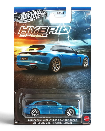 VaultifyUK Hot Wheels metallic blue Porsche Panamera Turbo S E-Hybrid Sport Turismo die-cast car in blister packaging.