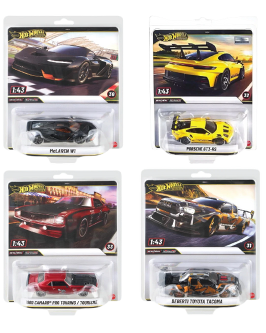 VaultifyUK Hot Wheels Premium 1:43 scale die-cast cars including McLaren W1, Porsche GT3-RS, Camaro, and Toyota Tacoma.