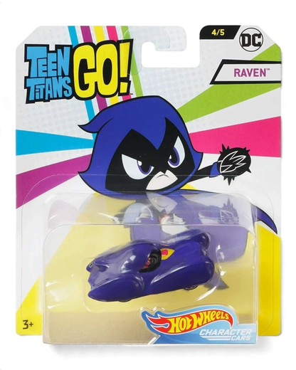 VaultifyUK Hot Wheels Teen Titans Go! Raven character car in purple, 1:64 scale die-cast toy in original packaging.