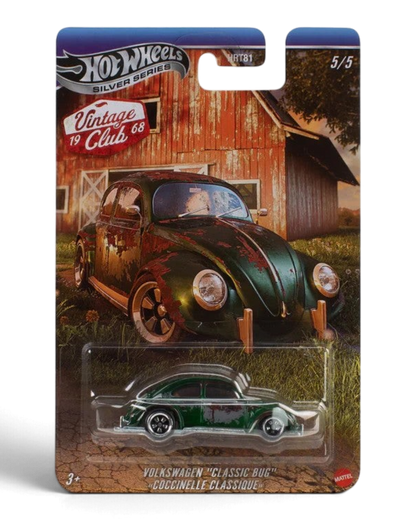 Hot Wheels Silver Series Vintage Club 1968 Classic Bug Volkswagen die-cast car on its retail packaging card.