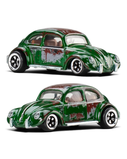 Hot Wheels Silver Series Vintage Club 1968 Classic Bug Volkswagen die-cast car shown from two angles out of packaging.