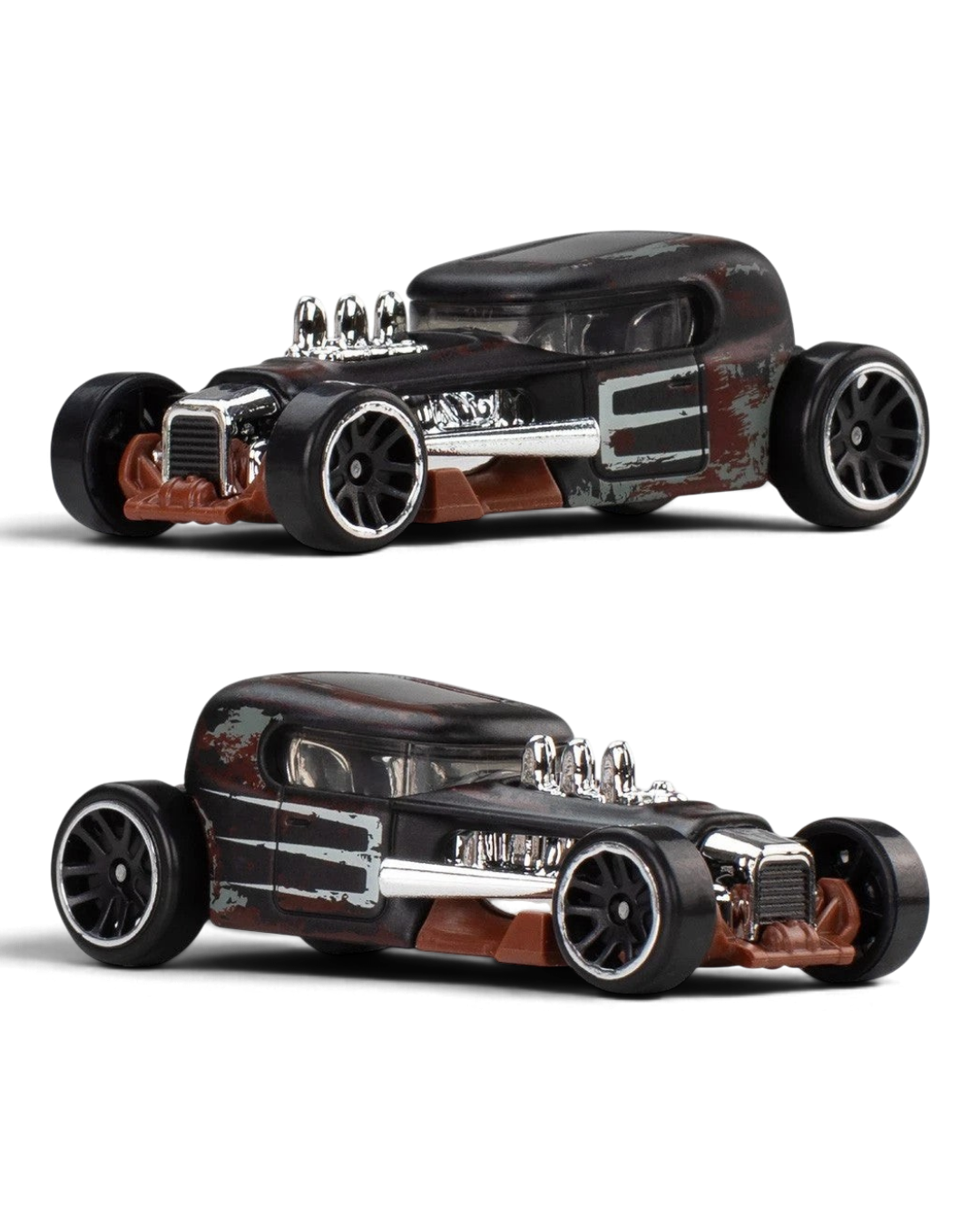 Hot Wheels Silver Series Vintage Club 1968 Mod Rod die-cast car shown from two angles out of packaging.