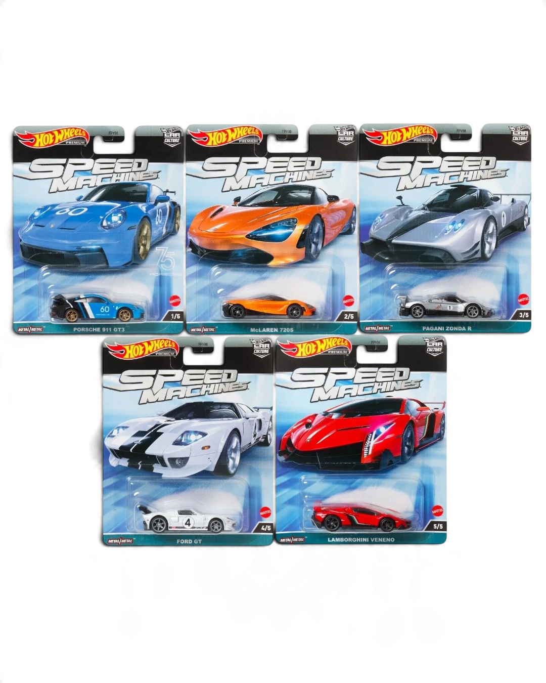 VaultifyUK Hot Wheels Premium Speed Machines collection featuring five 1:64 scale die-cast performance sports cars.