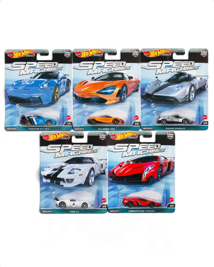 VaultifyUK Hot Wheels Premium Speed Machines collection featuring five 1:64 scale die-cast performance sports cars.
