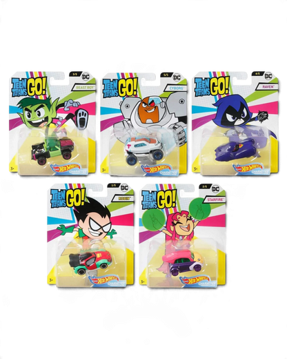 VaultifyUK Hot Wheels Teen Titans Go! character cars set including Robin, Starfire, Beast Boy, Raven, and Cyborg.