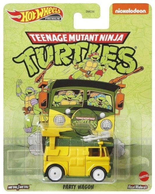 VaultifyUK Hot Wheels Premium TMNT Party Wagon die-cast vehicle in yellow and green packaging with turtle graphics