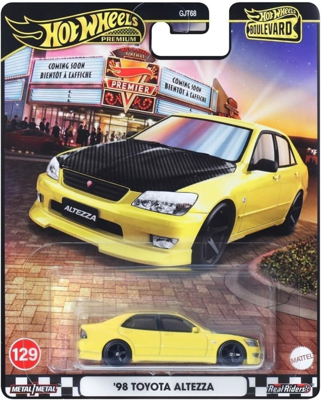 VaultifyUK Hot Wheels Premium Boulevard 98 Toyota Altezza die-cast car in yellow with black hood in blister packaging