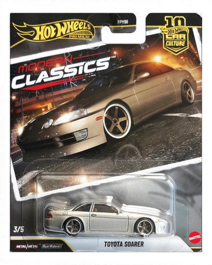 VaultifyUK Hot Wheels Premium Toyota Soarer in metallic gold with silver five-spoke wheels in blister packaging.