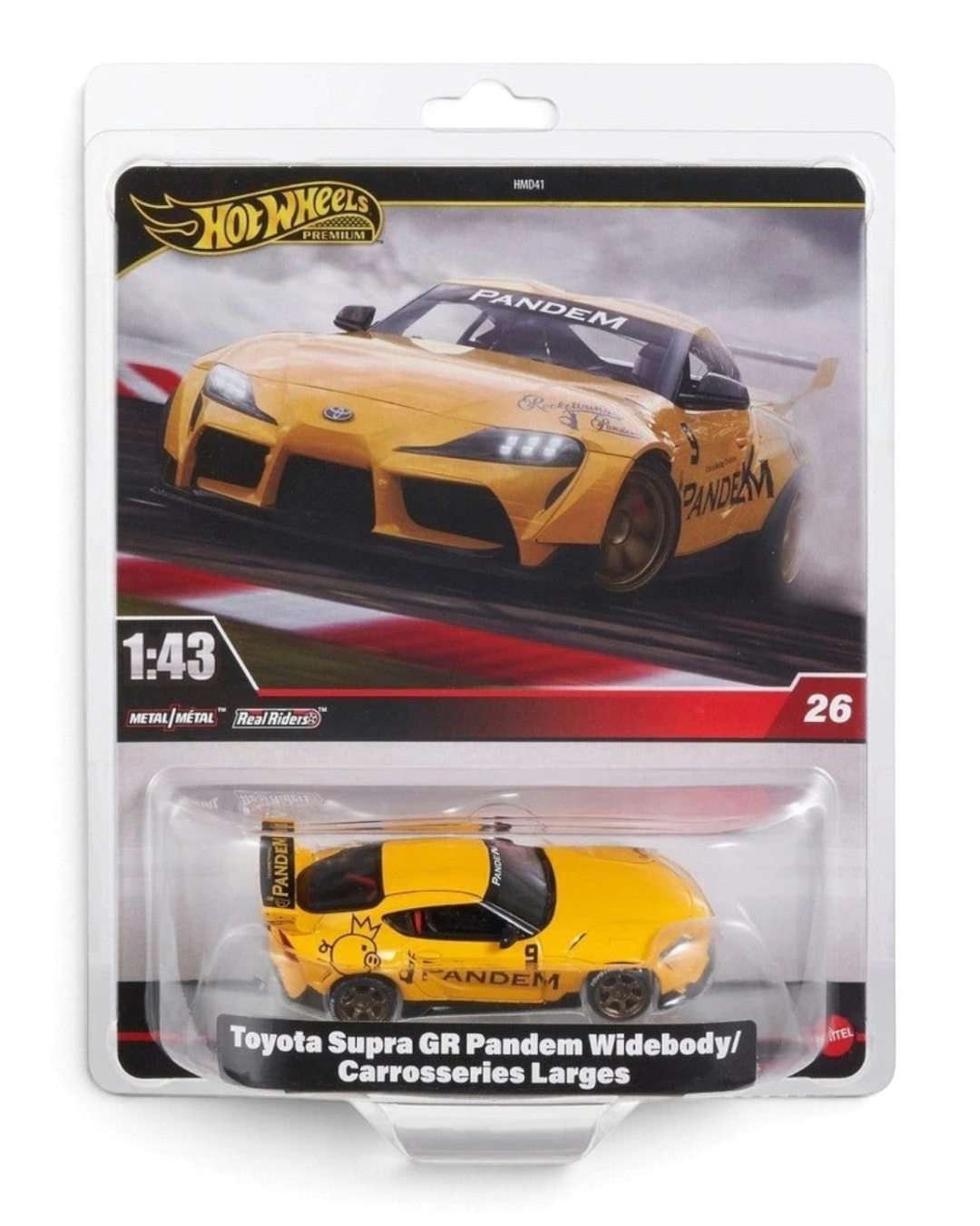 Hot Wheels Premium 1:43 Toyota GR Supra Pandem widebody die-cast car in yellow in its clamshell pack