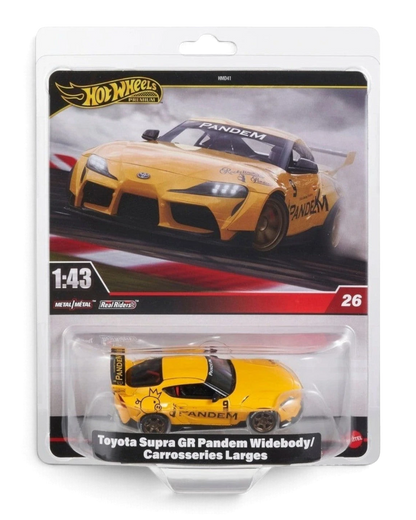 Hot Wheels Premium 1:43 Toyota GR Supra Pandem widebody die-cast car in yellow in its clamshell pack