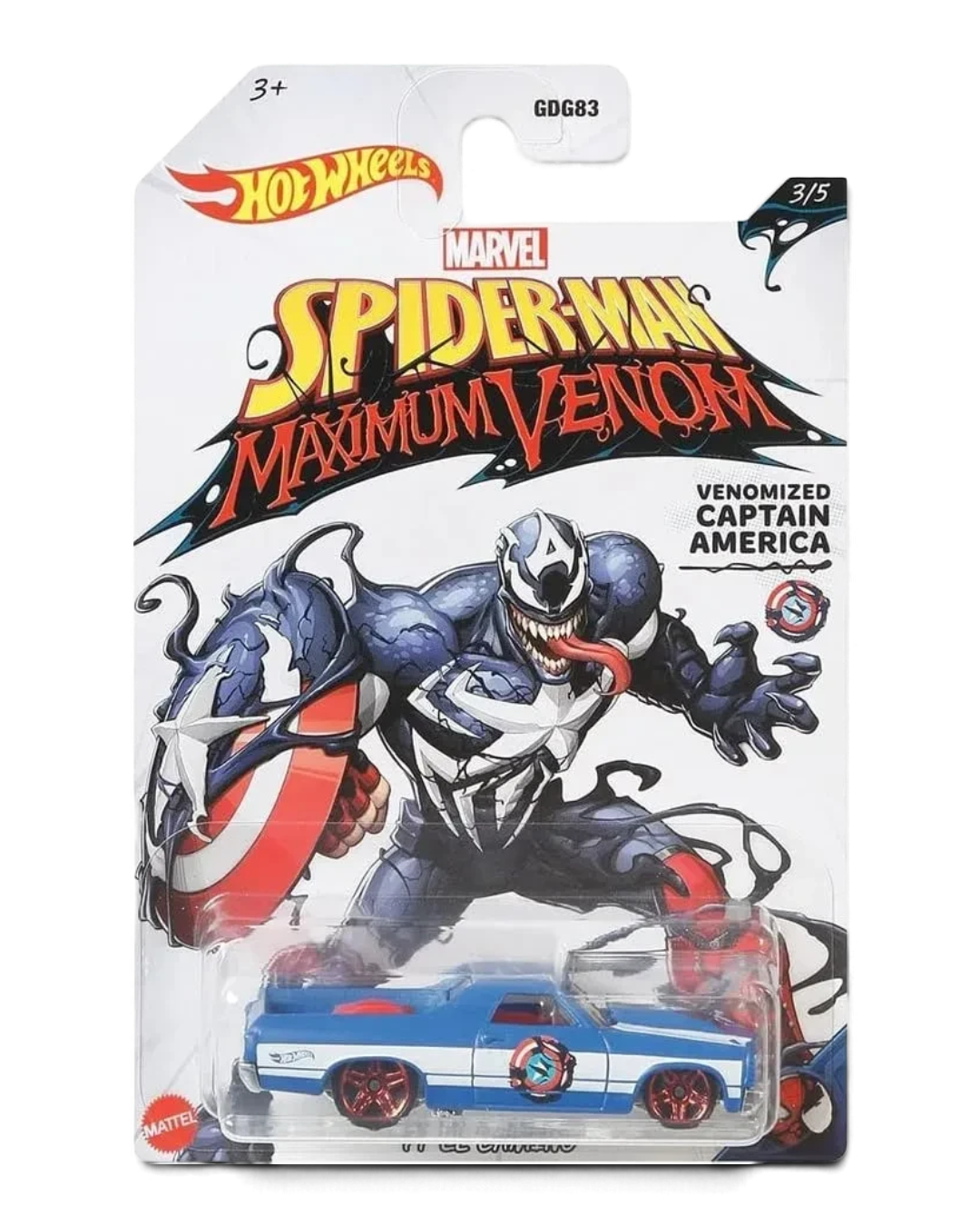 Hot Wheels Marvel Spider-Man Maximum Venom Venomized Captain America '71 El Camino 1:64 die-cast car in blue on its 3/5 card