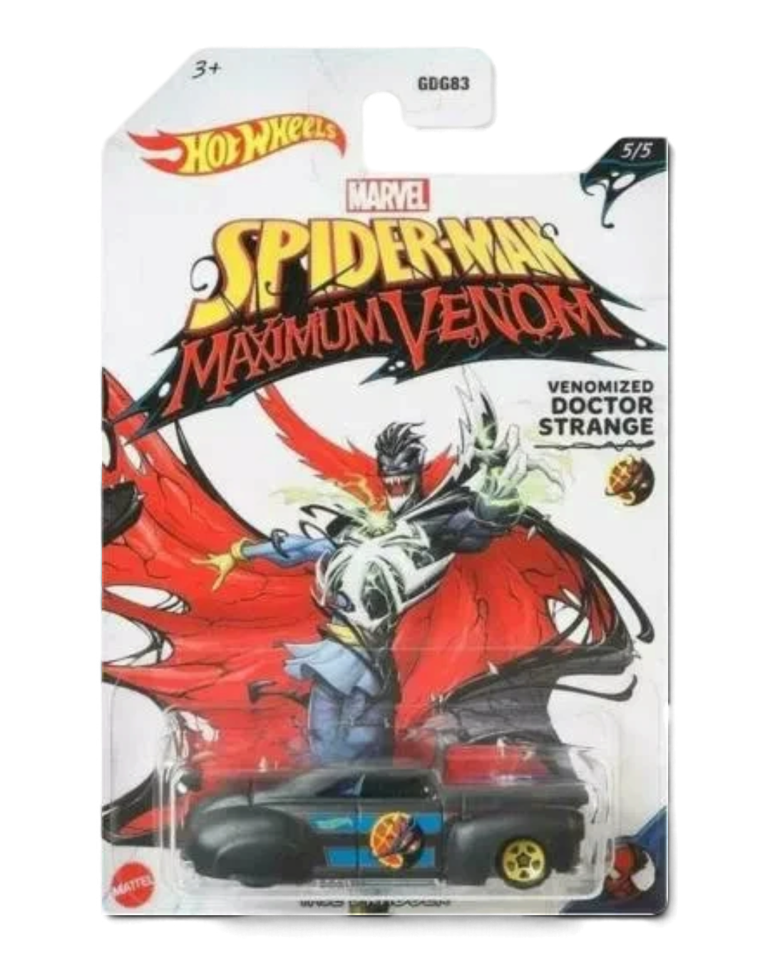 Hot Wheels Marvel Spider-Man Maximum Venom Venomized Doctor Strange Tail Dragger 1:64 die-cast car in black on its 5/5 card