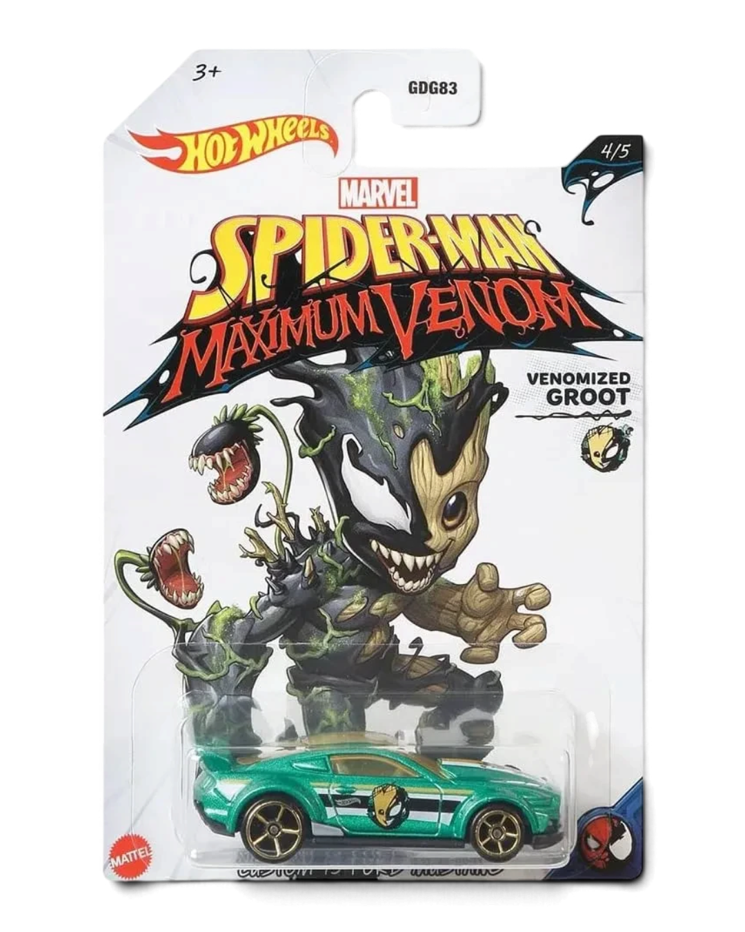 Hot Wheels Marvel Spider-Man Maximum Venom Venomized Groot Custom '15 Ford Mustang 1:64 die-cast car in green on its 4/5 card
