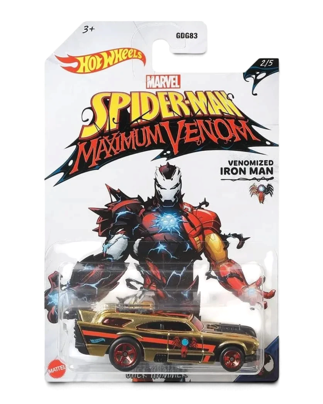Hot Wheels Marvel Spider-Man Maximum Venom Venomized Iron Man Jack Hammer 1:64 die-cast car in gold on its 2/5 card
