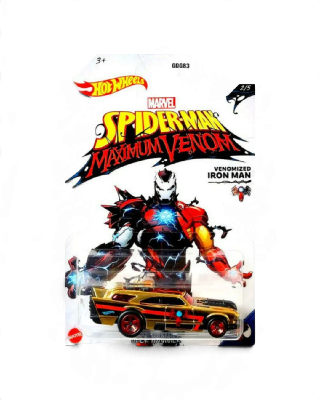 VaultifyUK Hot Wheels Marvel Spider-Man Maximum Venomized Iron Man die-cast car in gold and red packaging