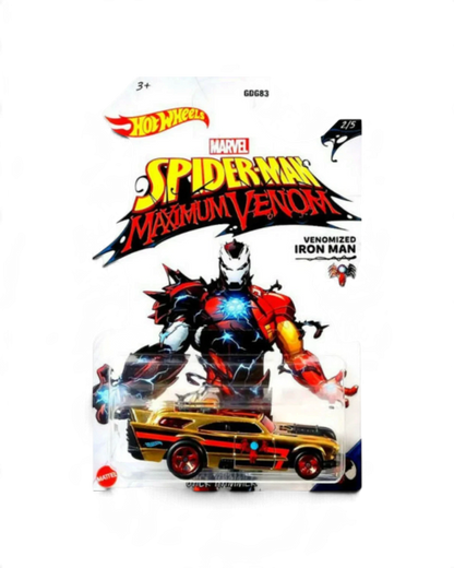 VaultifyUK Hot Wheels Marvel Spider-Man Maximum Venomized Iron Man die-cast car in gold and red packaging
