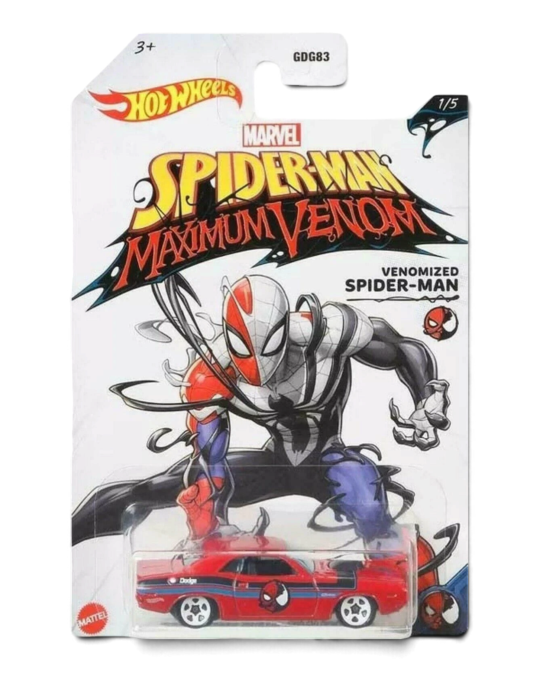 Hot Wheels Marvel Spider-Man Maximum Venom Venomized Spider-Man '70 Dodge Hemi Challenger 1:64 die-cast car on its 1/5 card