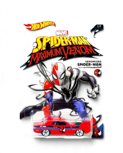 VaultifyUK Hot Wheels Marvel Spider-Man Maximum Venomized Spider-Man die-cast car in red packaging