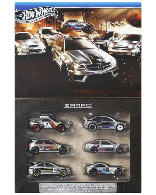 VaultifyUK Hot Wheels Silver Series Zamac 6-car multipack featuring unpainted die-cast metal vehicles in packaging.