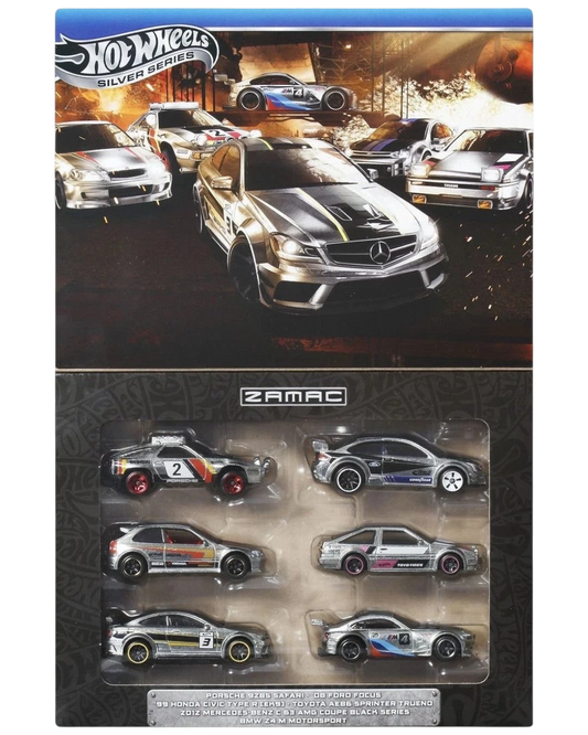 VaultifyUK Hot Wheels Silver Series Zamac 6-car multipack featuring unpainted die-cast metal vehicles in packaging.
