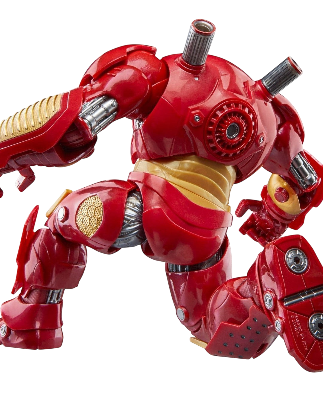VaultifyUK Marvel Legends Hulkbuster Deluxe figure in iconic red and gold armour, shown from a rear kneeling angle.