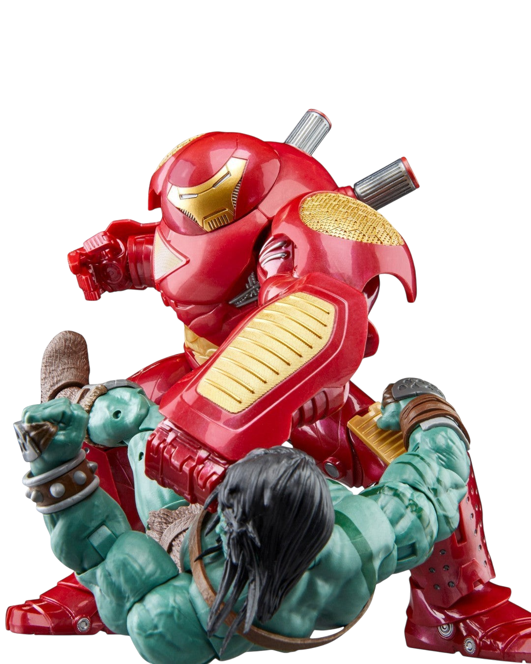 VaultifyUK Marvel Legends Hulkbuster deluxe figure in red and gold armour pinning down a green Hulk action figure