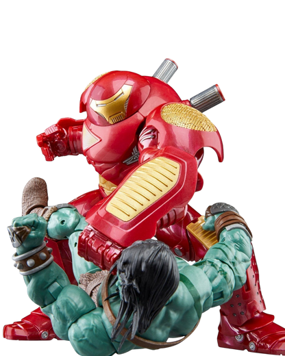 VaultifyUK Marvel Legends Hulkbuster deluxe figure in red and gold armour pinning down a green Hulk action figure
