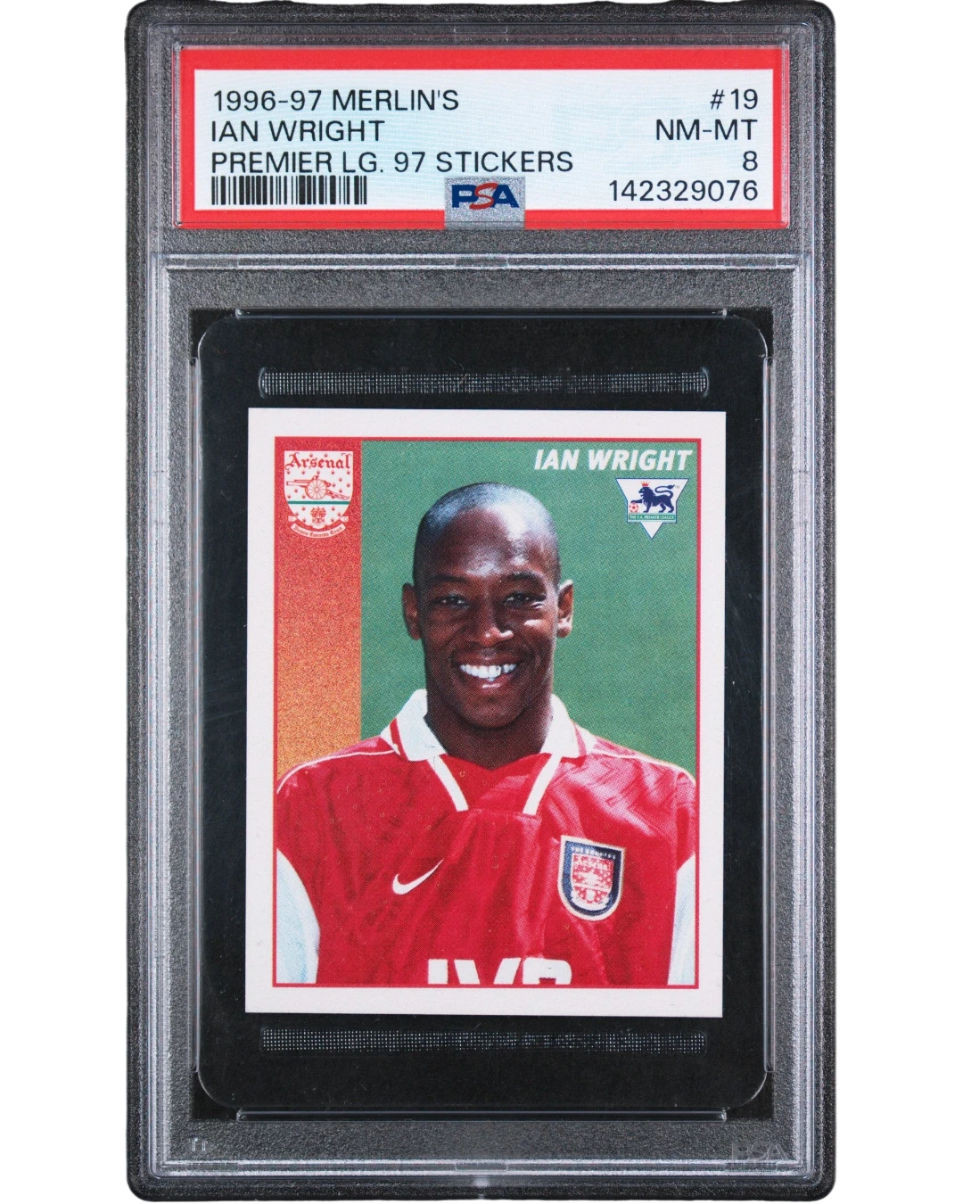 VaultifyUK 1996 Merlin Premier League Ian Wright Arsenal sticker graded PSA 8 NM-MT in a protective slab
