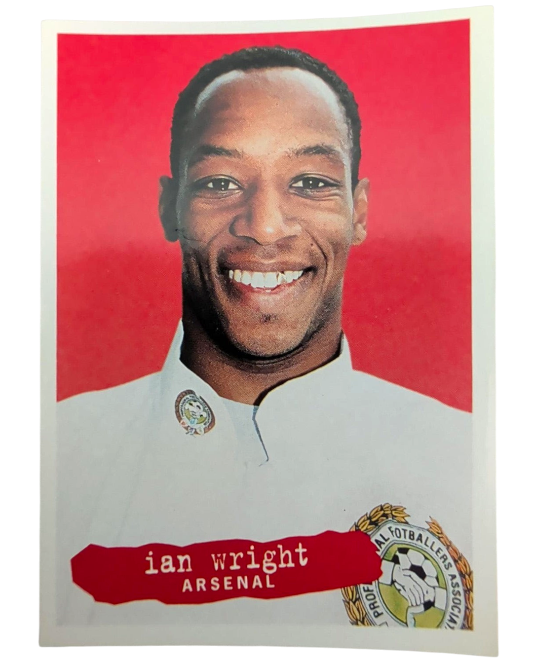 VaultifyUK 1996 Panini Ian Wright Arsenal football sticker featuring a portrait of the player on a red background