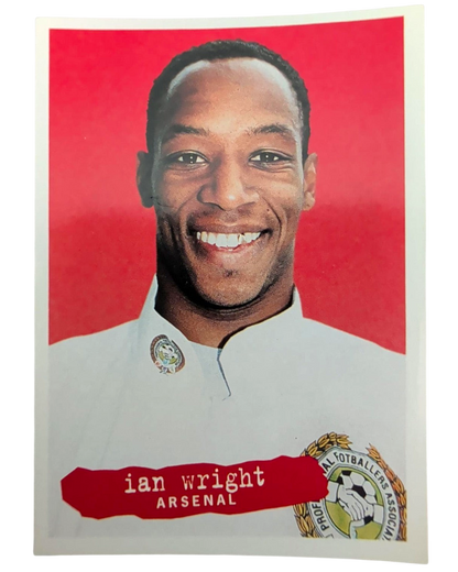 VaultifyUK 1996 Panini Ian Wright Arsenal football sticker featuring a portrait of the player on a red background