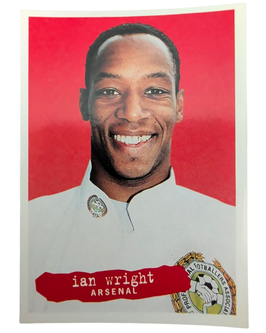 VaultifyUK 1996 Panini Ian Wright Arsenal football sticker featuring a portrait of the player on a red background