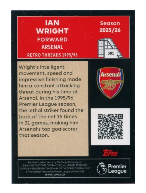 VaultifyUK 2025/26 Topps Premier League Ian Wright Retro Threads trading card back featuring Arsenal player biography