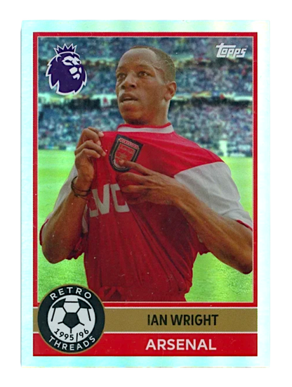 VaultifyUK 2025/26 Topps Premier League Ian Wright Retro Threads trading card featuring him in an Arsenal kit.