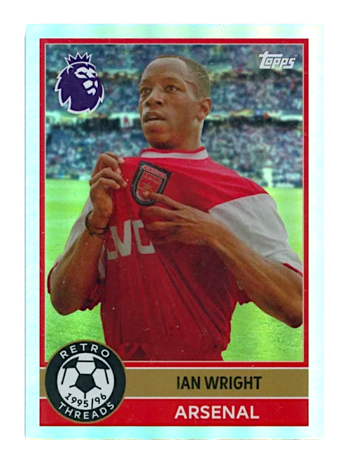 VaultifyUK 2025/26 Topps Premier League Ian Wright Retro Threads trading card featuring him in an Arsenal kit.