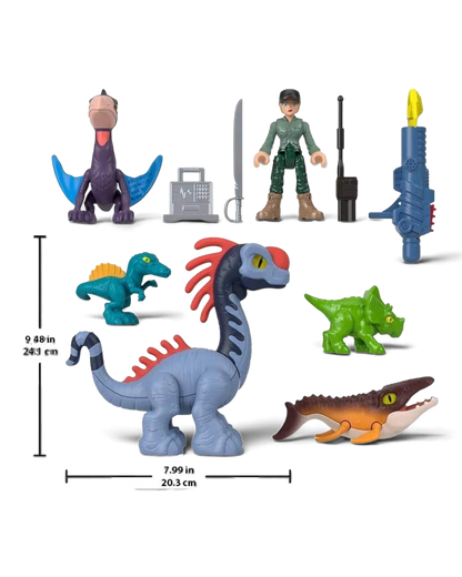VaultifyUK Fisher-Price Imaginext Jurassic World Rebirth dinosaur multi-pack with figures, accessories, and gear.