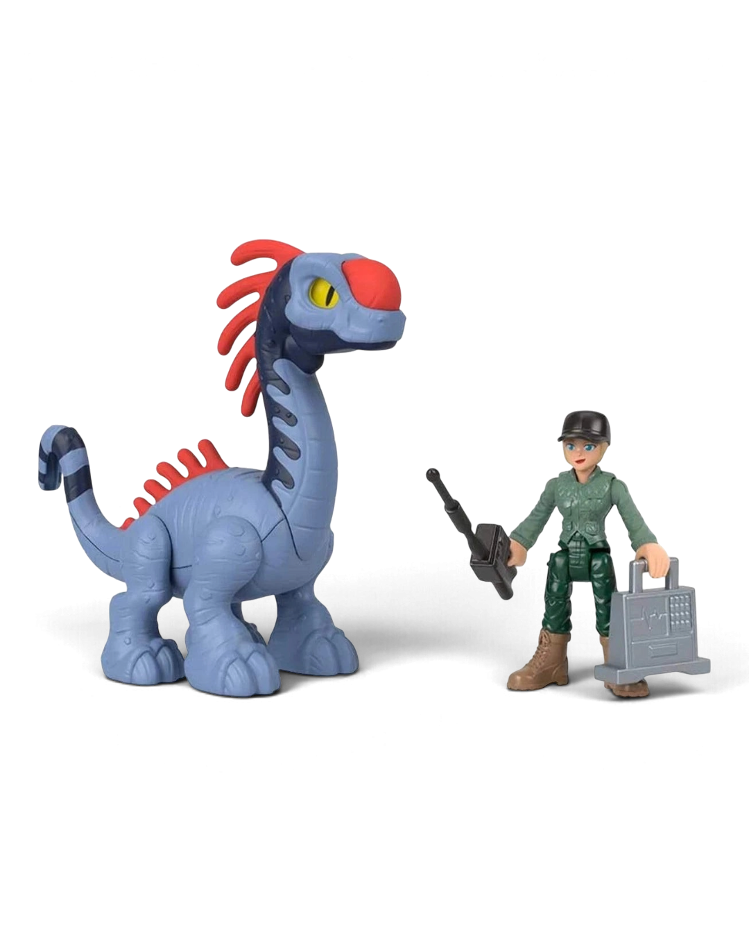 VaultifyUK Fisher-Price Imaginext Jurassic World Rebirth blue dinosaur figure with a human action figure and gear