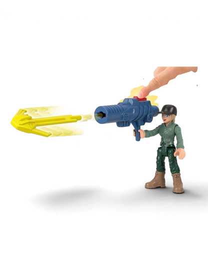 VaultifyUK Fisher-Price Imaginext Jurassic World figure firing a yellow projectile from a blue toy blaster