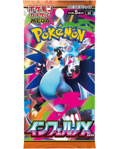 VaultifyUK Pokémon TCG Inferno X Japanese booster pack featuring Mega Charizard X artwork on a vibrant foil wrapper.