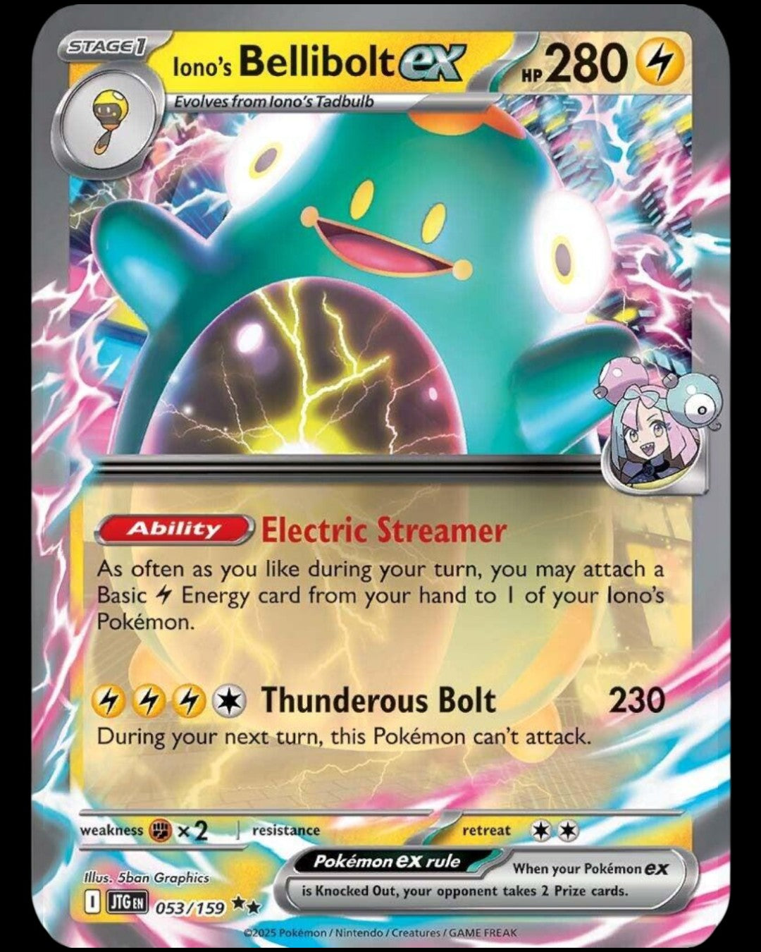 VaultifyUK Pokémon TCG Iono's Bellibolt ex 053/159 card featuring electric-type Bellibolt with Iono character portrait