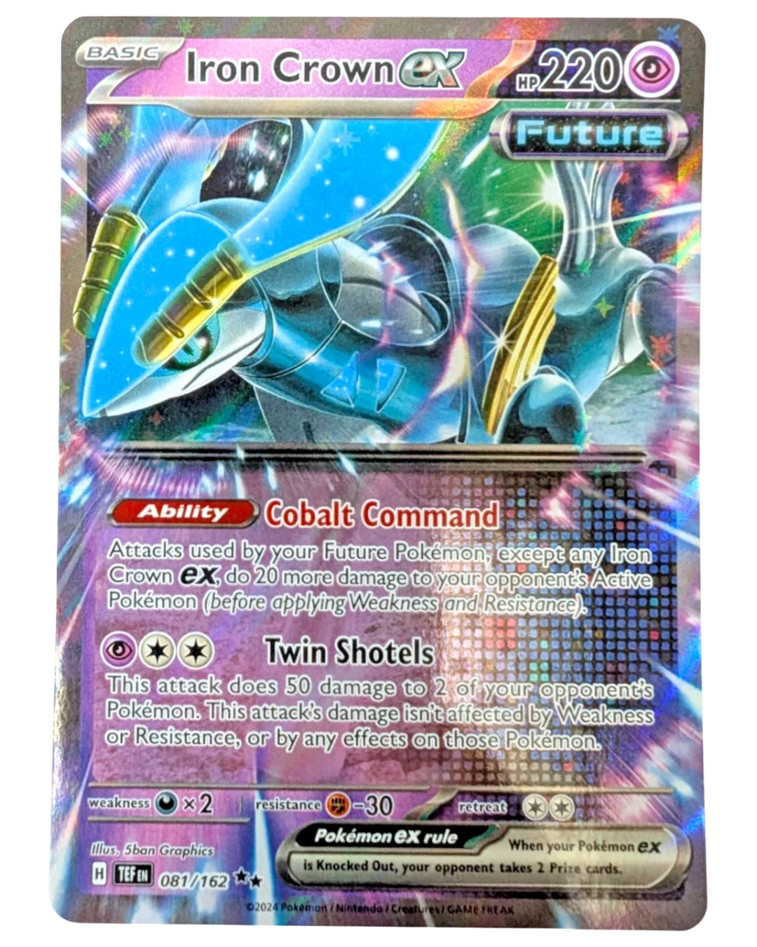 VaultifyUK Iron Crown ex 081/162 holofoil trading card from Temporal Forces featuring futuristic blue Paradox Pokemon art