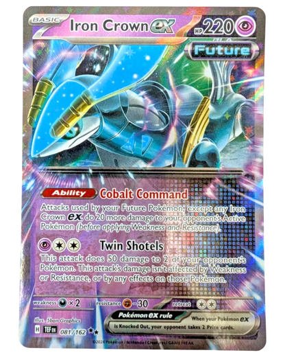 VaultifyUK Iron Crown ex 081/162 holofoil trading card from Temporal Forces featuring futuristic blue Paradox Pokemon art