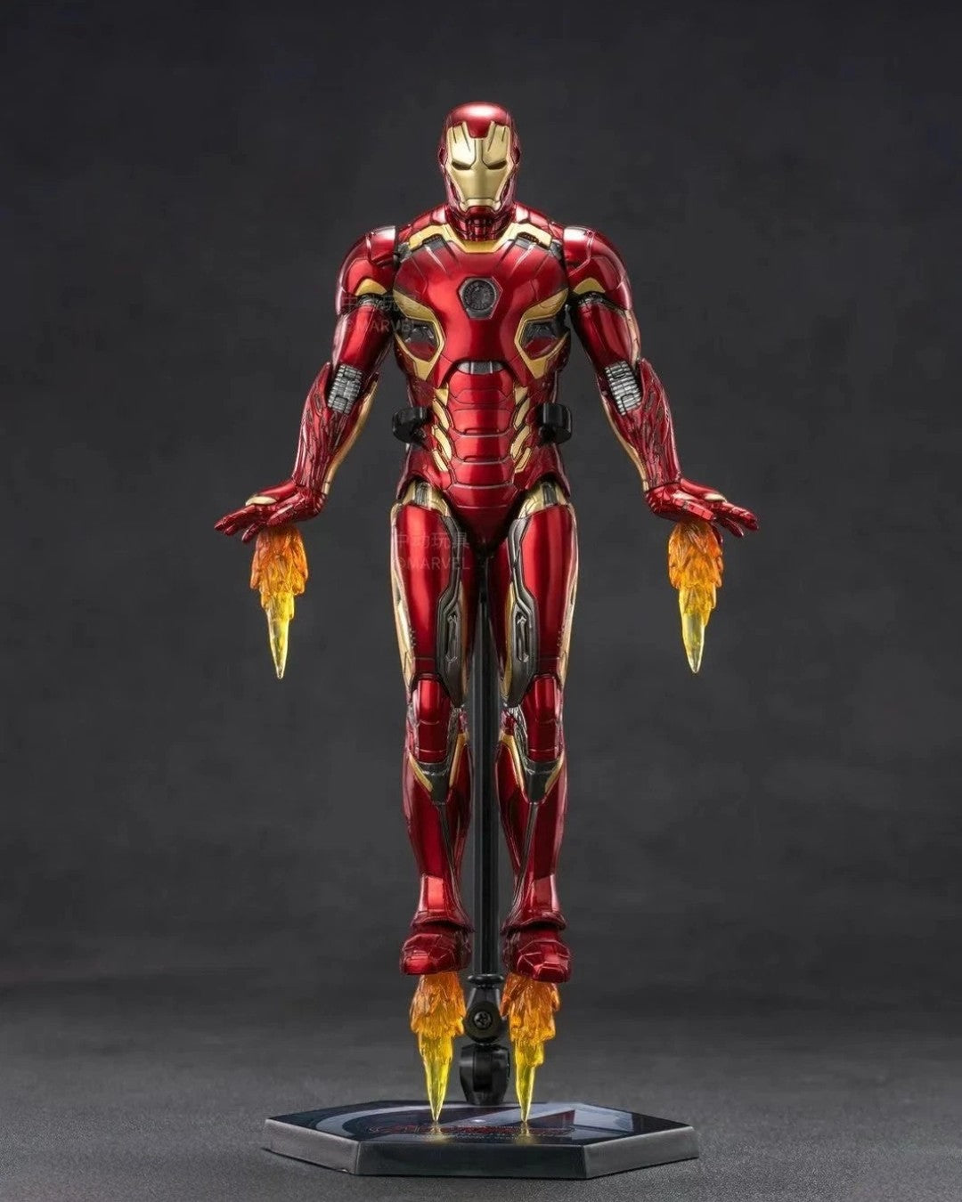 VaultifyUK ZD Toys Iron Man Mark 43 action figure in red and gold armour with flight effect parts on a display stand