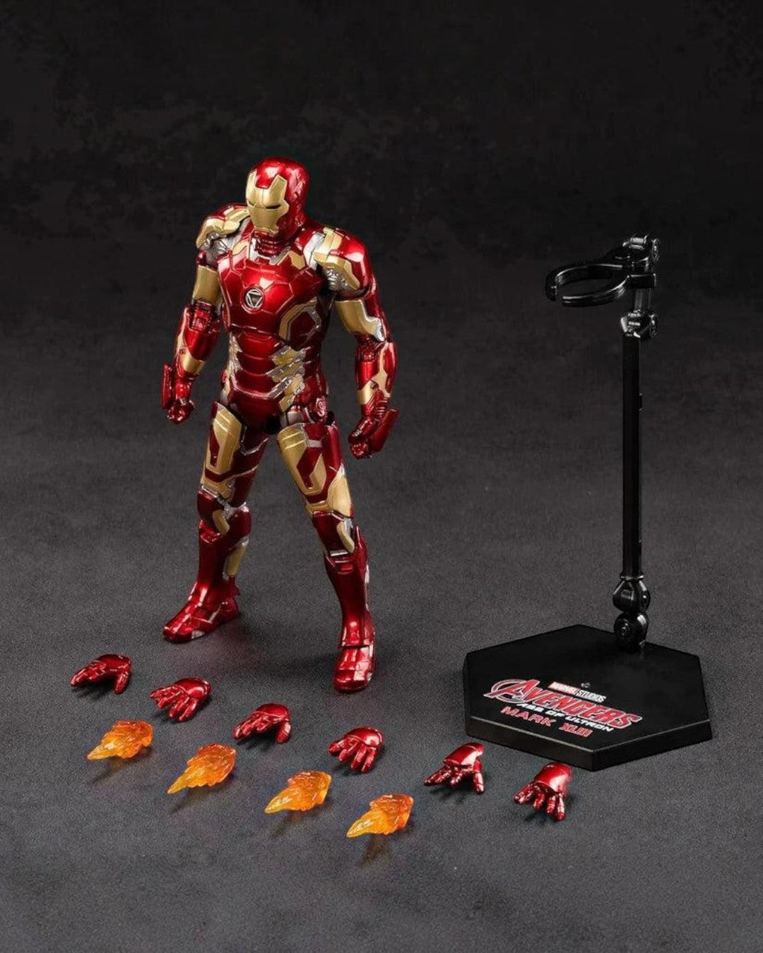 VaultifyUK ZD Toys Iron Man Mark 43 1/10 scale action figure with red and gold armor, display stand, and accessories.