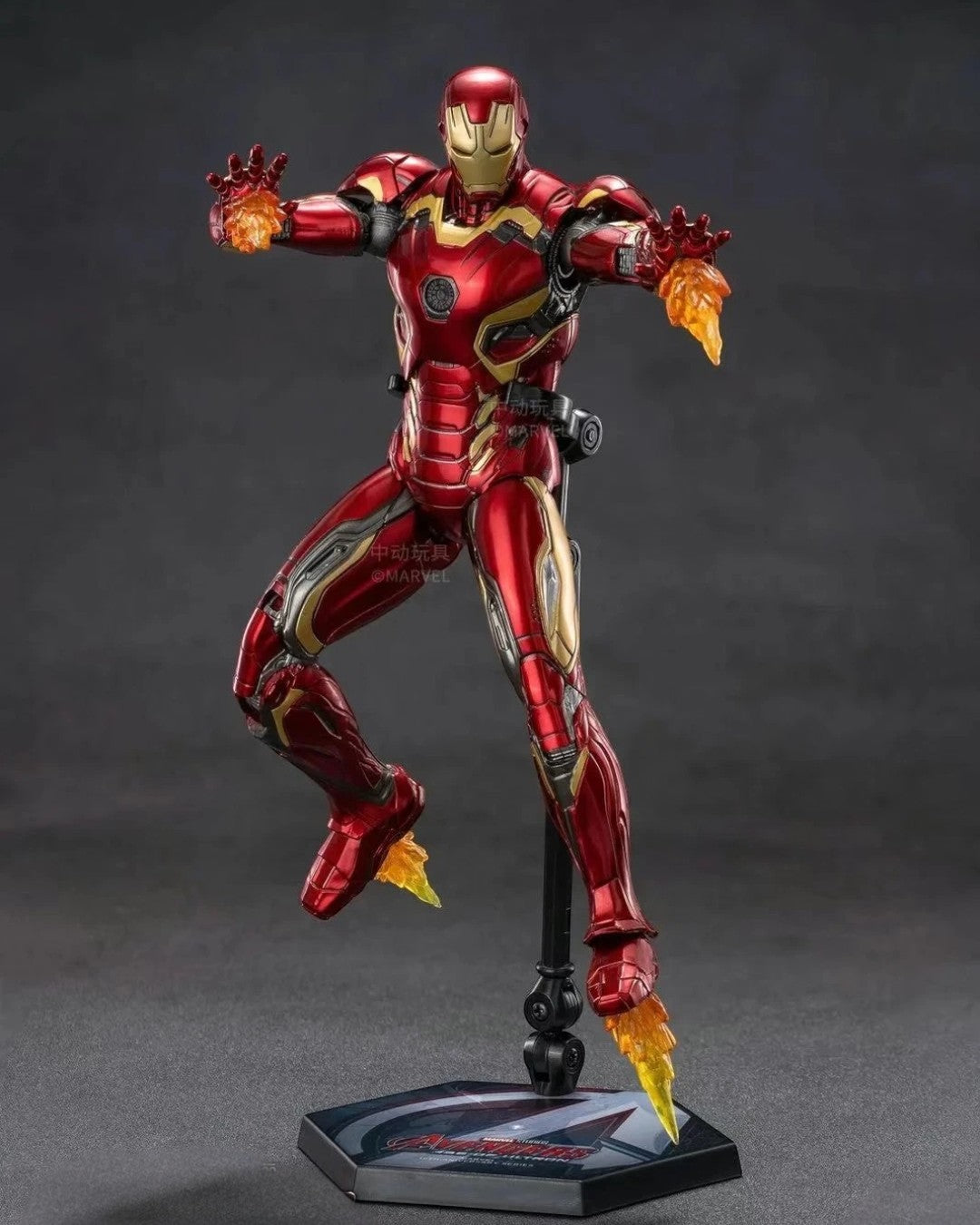 VaultifyUK Iron Man Mark 45 1/10 scale action figure in red and gold armour with flight effect parts on display stand