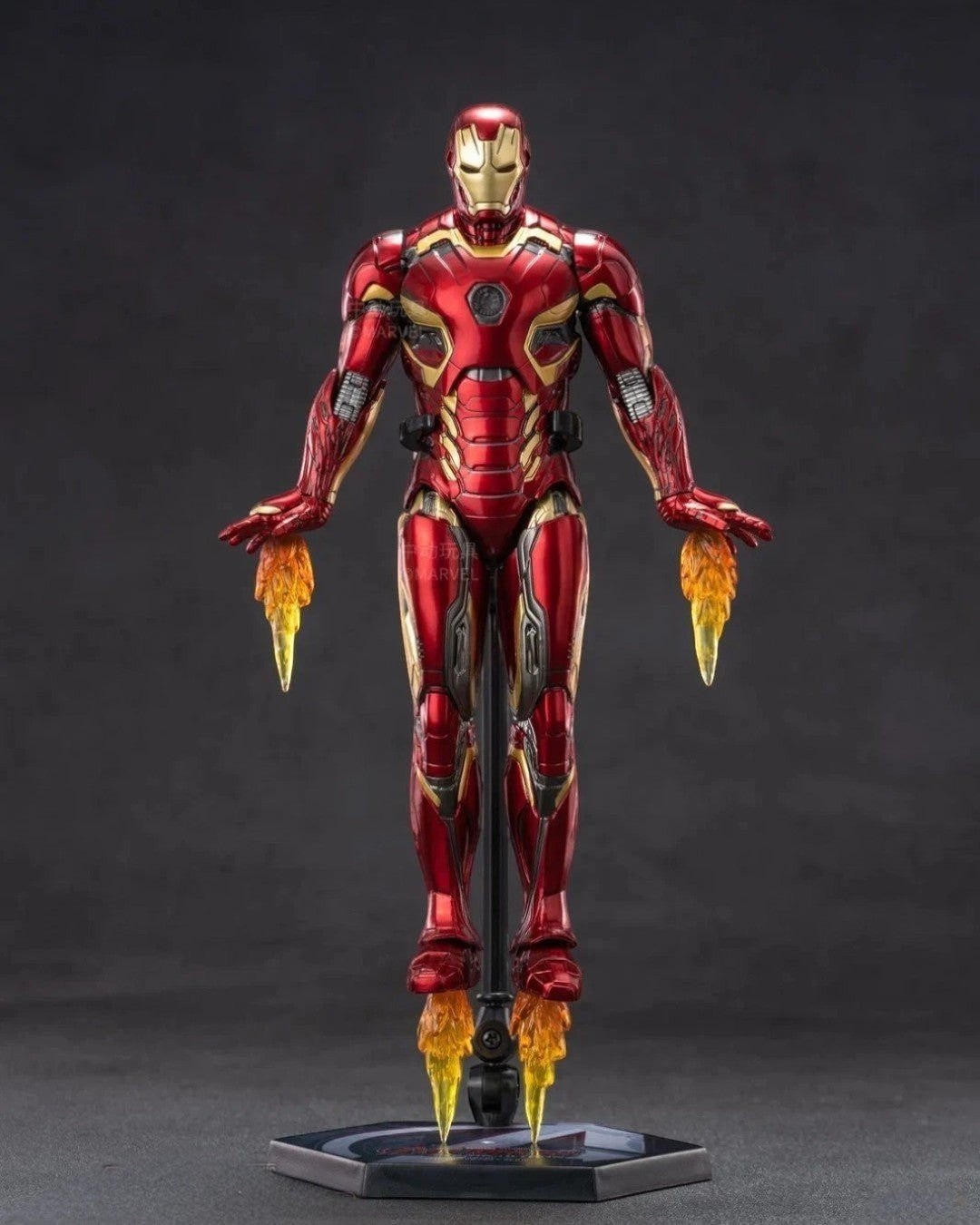 VaultifyUK ZD Toys Iron Man Mark 45 1/10 action figure in flight pose with repulsor and foot flame effect parts