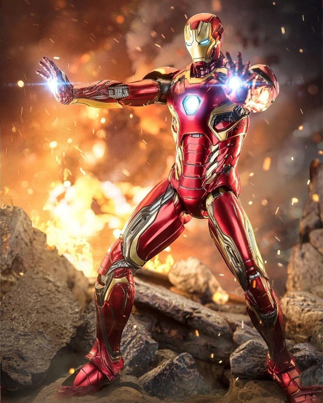 VaultifyUK ZD Toys Iron Man Mark 45 1/10 action figure in a dynamic repulsor blast pose with glowing light effects
