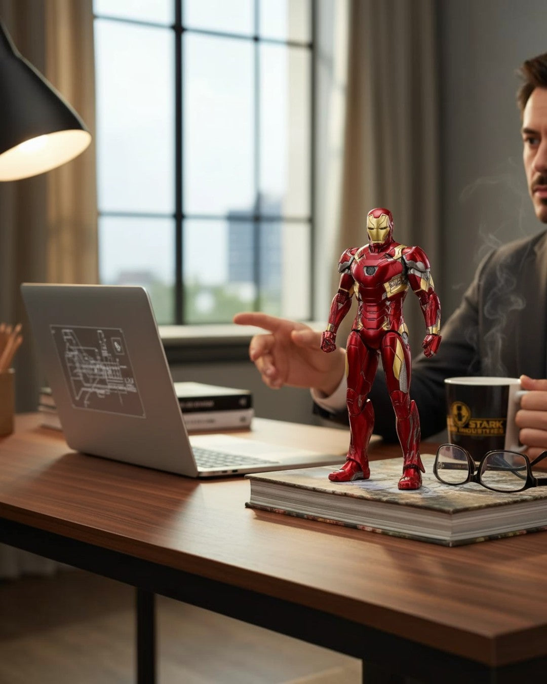 VaultifyUK Iron Man Mark 46 1/10 action figure in red and gold standing on a desk next to a laptop and coffee mug