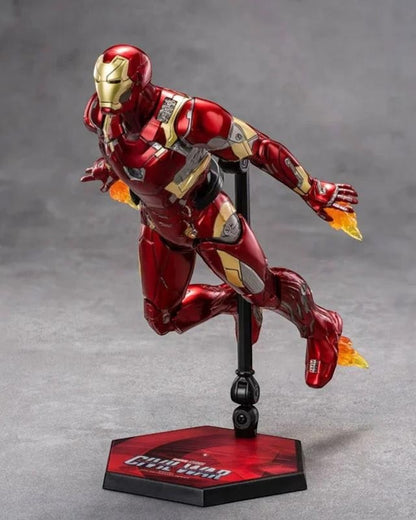 VaultifyUK ZD Toys Iron Man Mark 46 1/10 scale action figure in flight pose with flame effects on a display stand